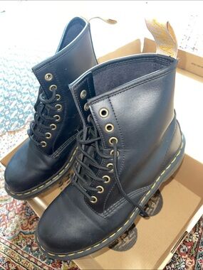 Dr. Martens Black Lace-Up Leather Boots with Yellow Stitching